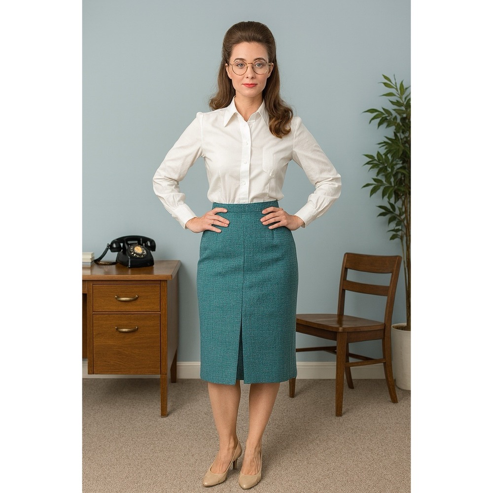 Vintage Handmade Pencil Skirt Teal bouclé-Style Wool Blend High Waist 25" Length